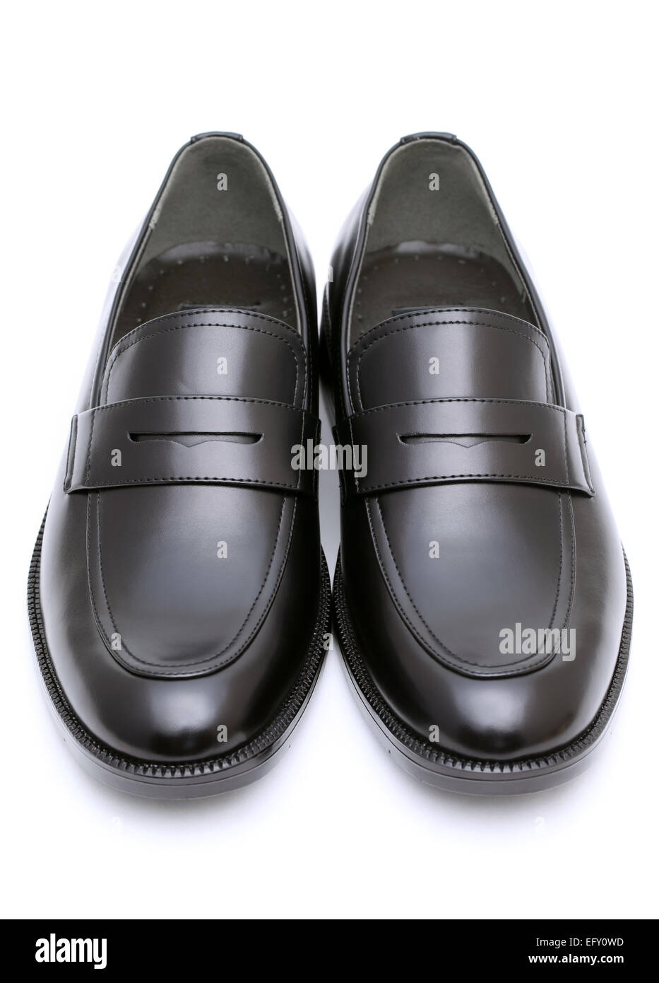 Black leather mens shoes, no shoe string, isolated on white background Stock Photo