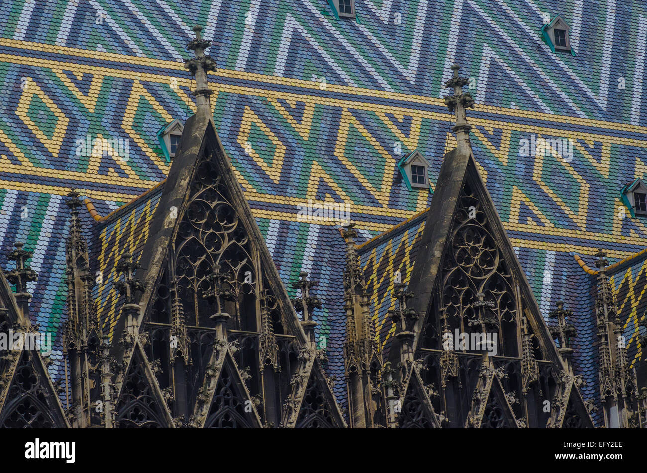 The historic St. Stephen's Cathedral in Vienna, Austria is famous for its dazzling rooftop patterns and colors. Stock Photo