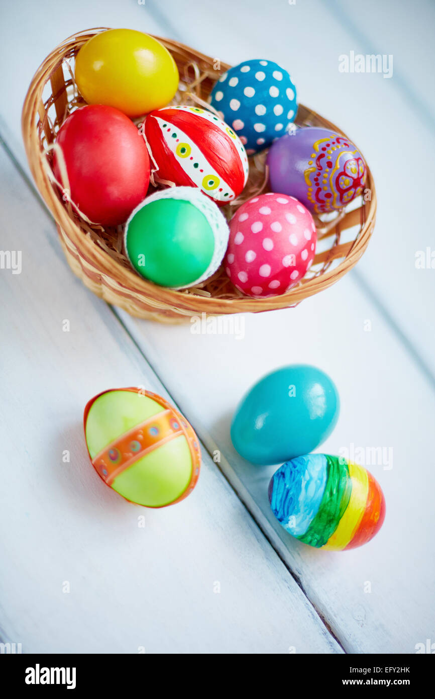 Basket with creative symbols of Easter Stock Photo Alamy