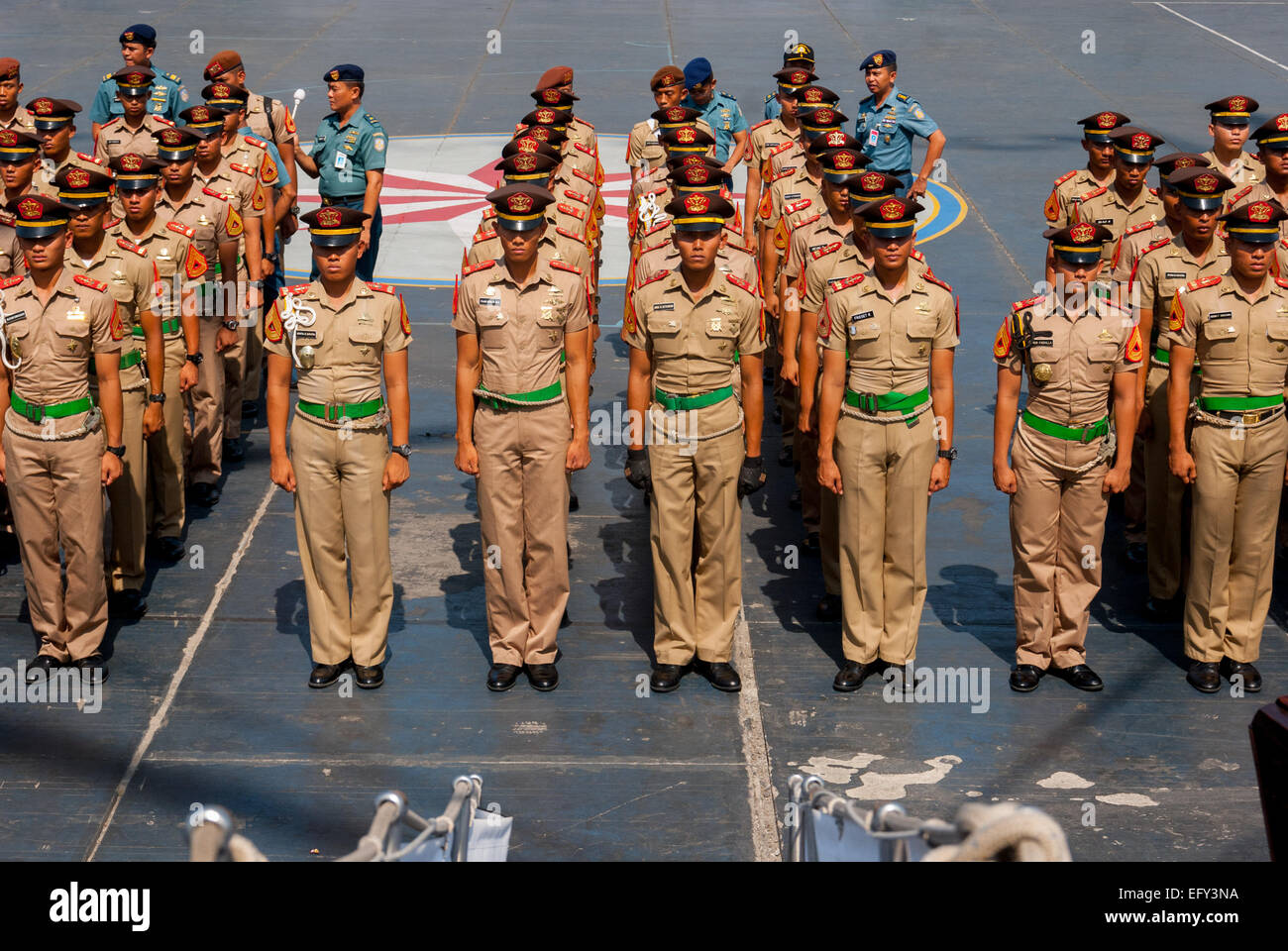 Indonesian navy cadets of KRI Dewaruci (Dewa Ruci) lining up for a ceremony and briefing in Jakarta, Indonesia. Stock Photo