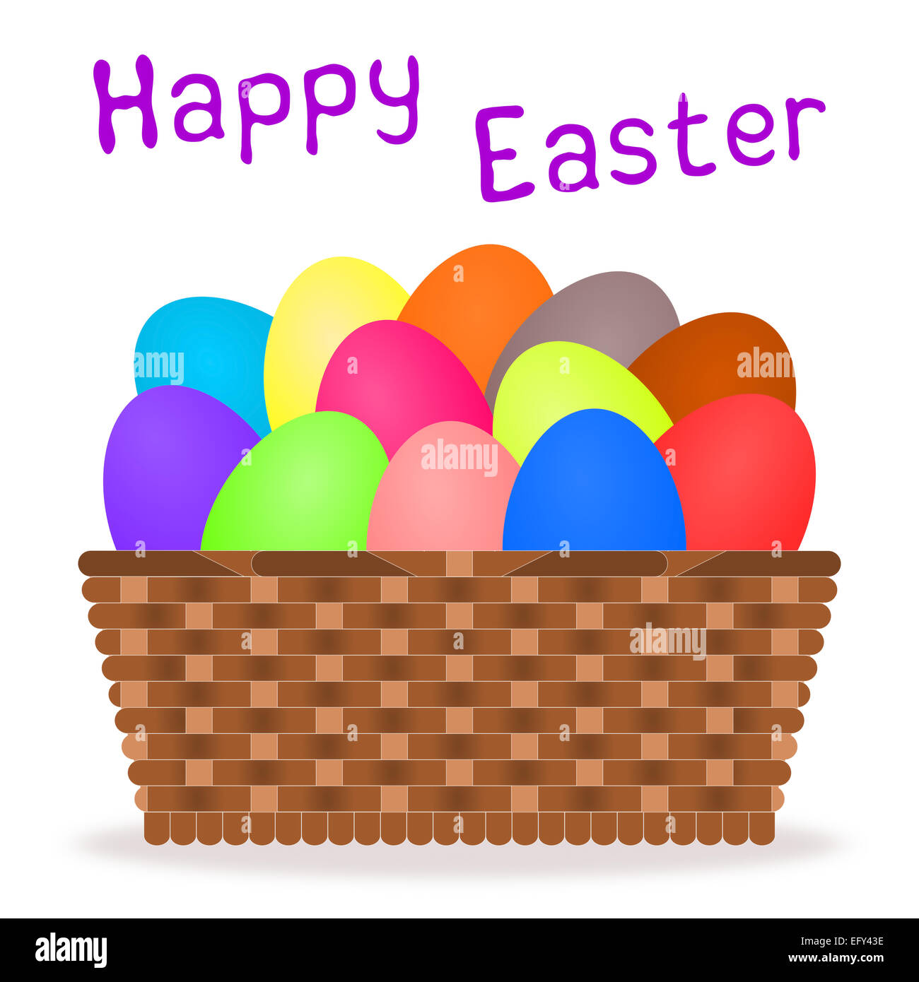 Handwritten message with a basket containing colorful easter eggs. Isolated on white. Stock Photo