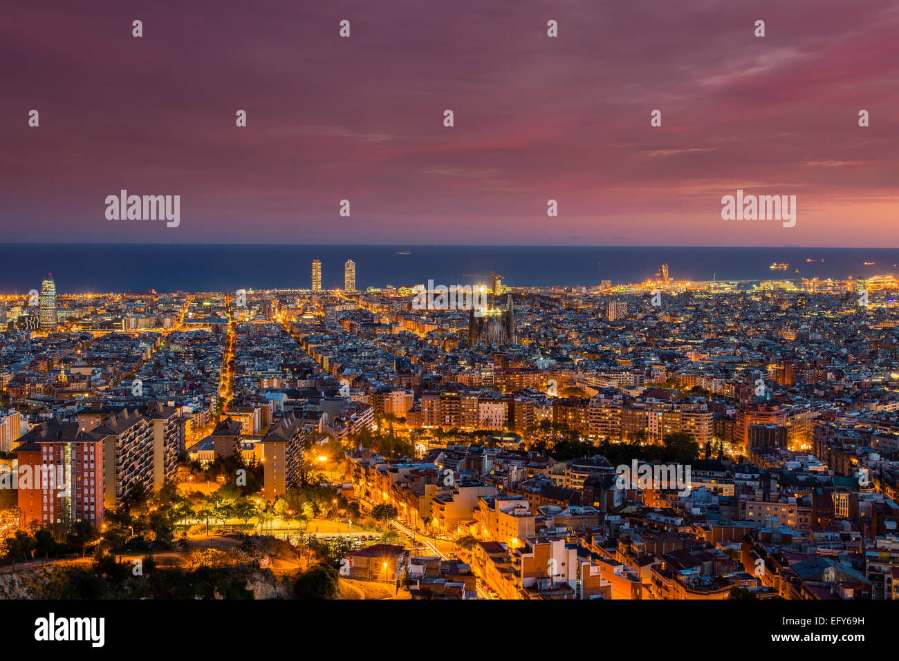 Dusk skyline, Barcelona, Catalonia, Spain Stock Photo