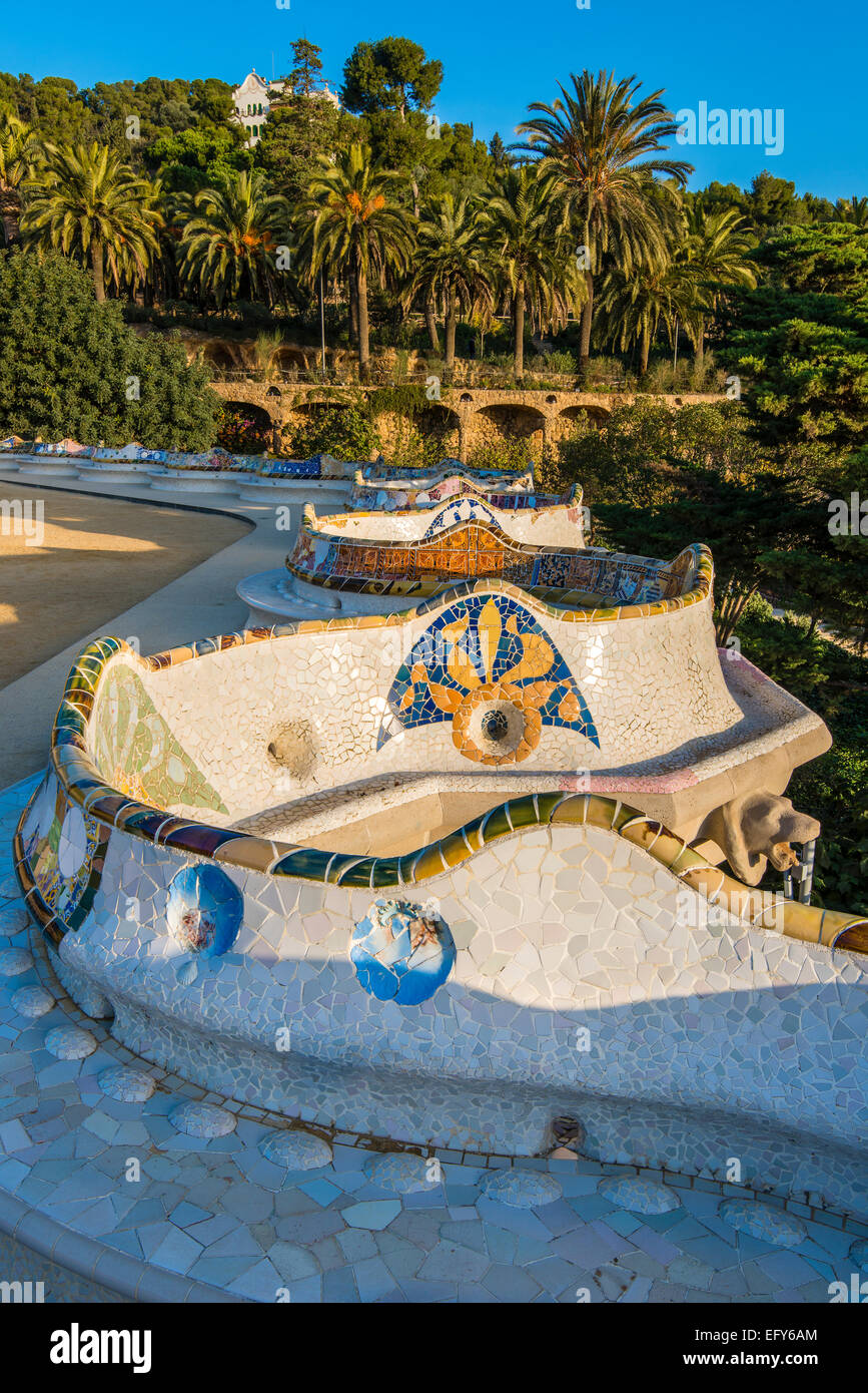 Multicolored Mosaic Bench At Park Guell Or Parc Guell Barcelona