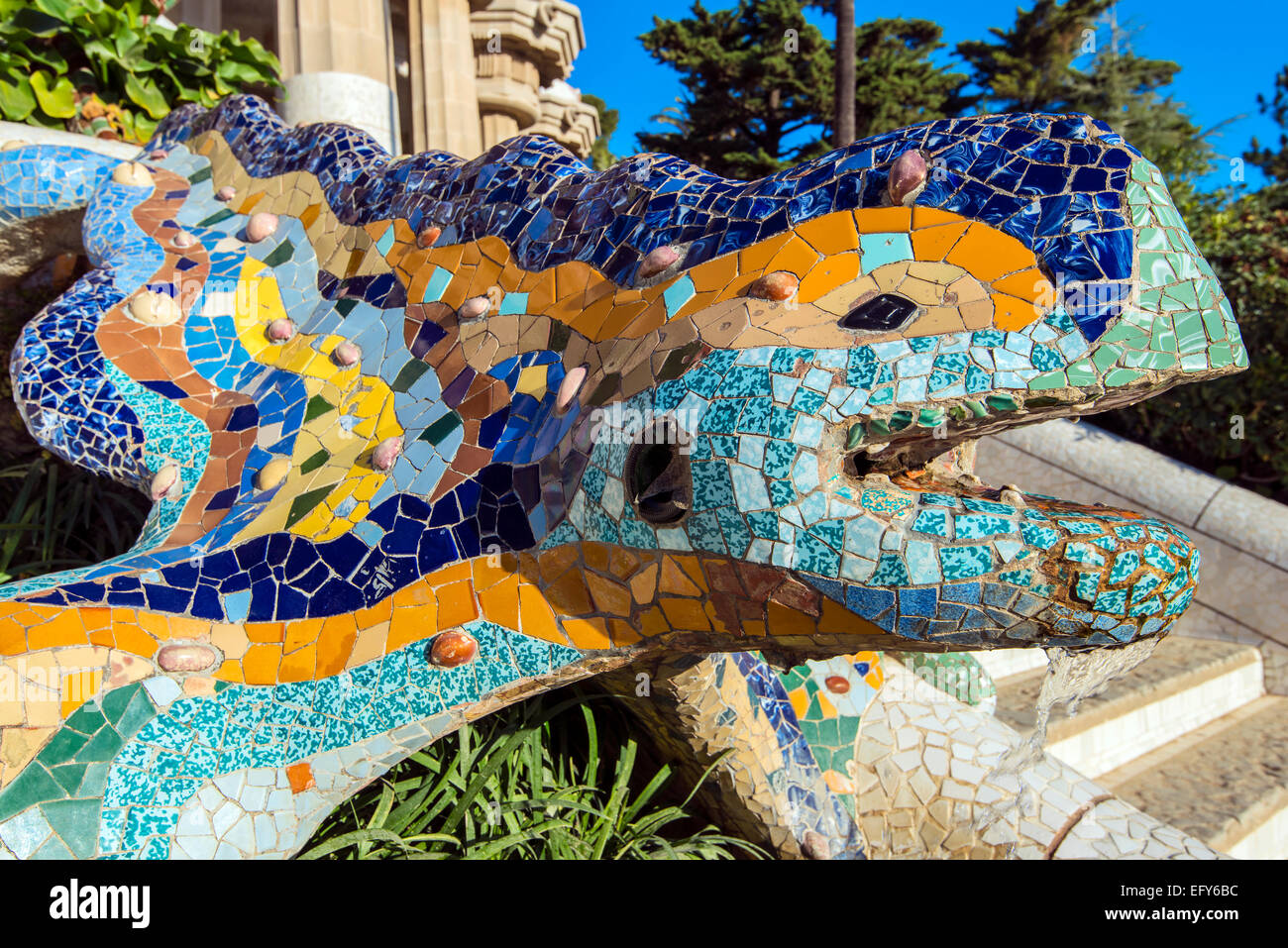 Multicolored mosaic salamander fountain known also as “el drac” or dragon at Park Guell or Parc Guell, Barcelona, Catalonia, Spa Stock Photo