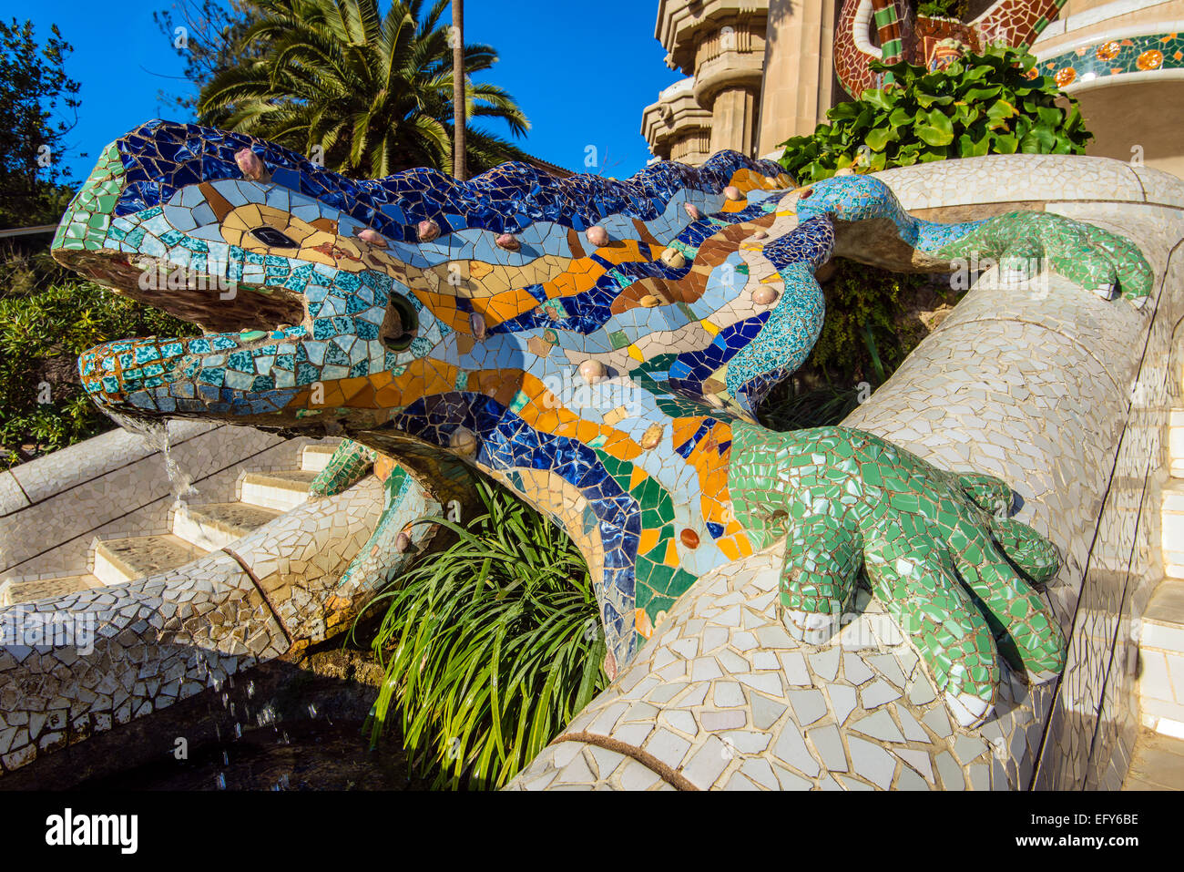 Multicolored mosaic salamander fountain known also as “el drac” or dragon at Park Guell or Parc Guell, Barcelona, Catalonia, Spa Stock Photo