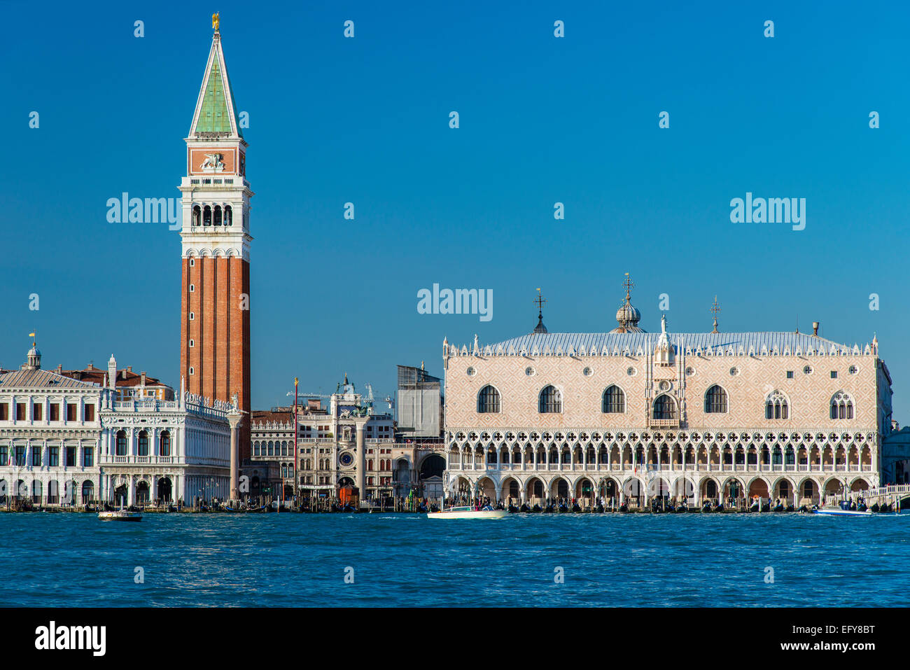 St. Mark’s Campanile and Doge’s Palace seen from the lagoon, Venice, Veneto, Italy Stock Photo