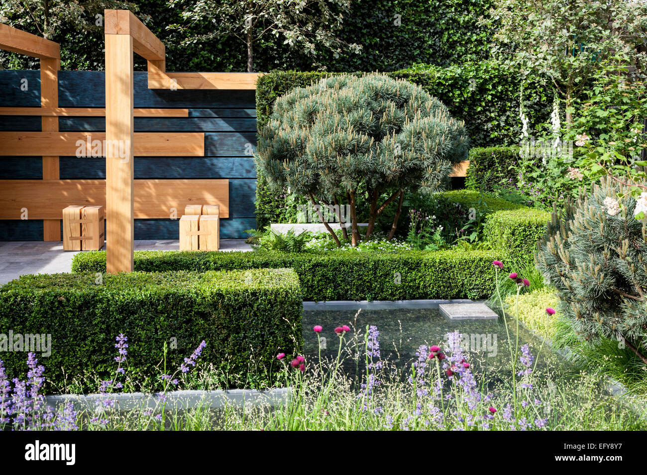 Pine pergola with wooden cubes as seats, reflective pond, box hedges, rounded pine trees and borders with grasses and perennials Stock Photo