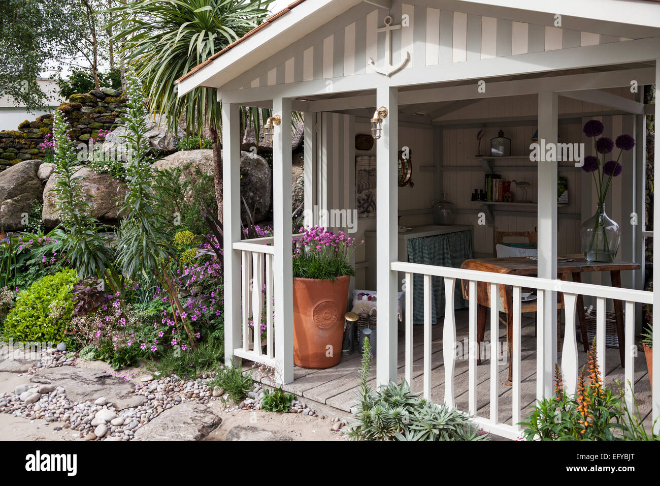 Beach hut or garden house with furnitures and exotic planting featuring Echium piniana 'White tower' Stock Photo