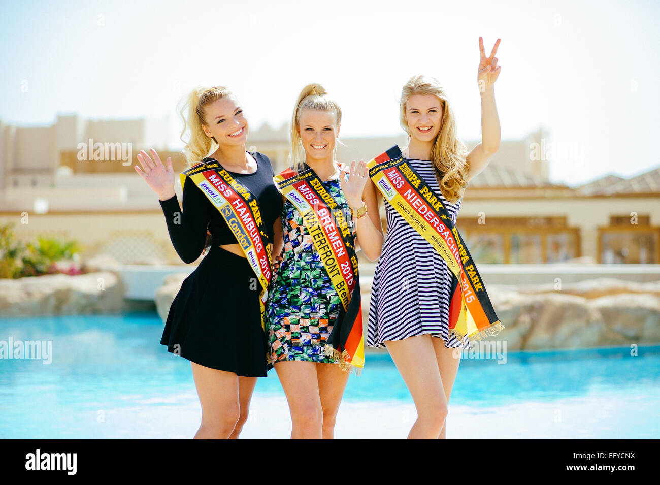 (L-R) 'Miss Hamburg 2015', Cheyenna Mangelsen, 'Miss Bremen', Denise Diek and 'Miss Niedersachsen 2015', Charlotte Kramer poses at Kempinski Hotel Soma Bay (Egypt), on February 11, 2015 in Soma Bay (Egypt). The 'Miss Germany' election 2015 will take plac Stock Photo