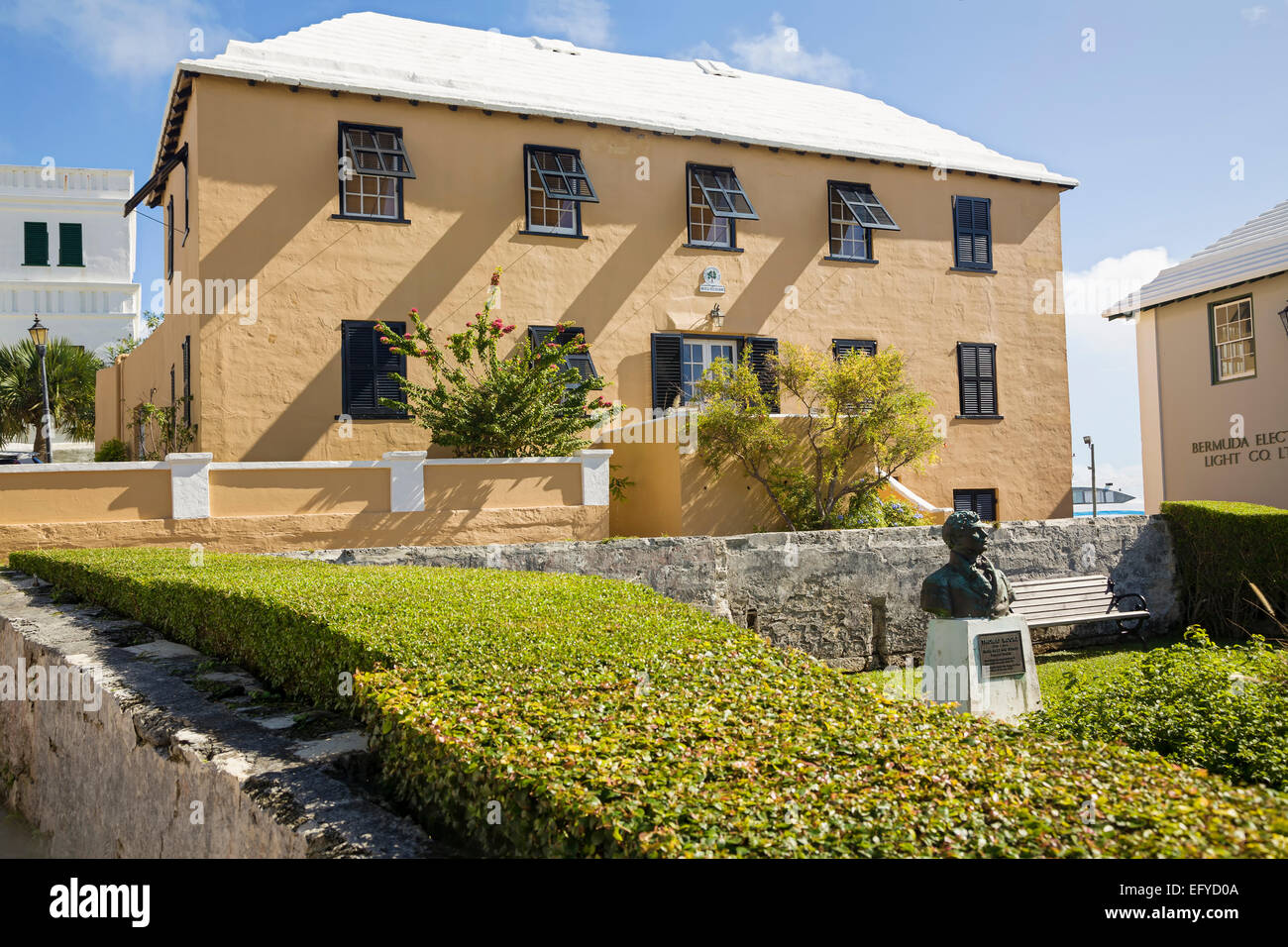 Building in St.George's, Bermuda. The monument to the Irish poet Thomas Moore in the middleground. Stock Photo