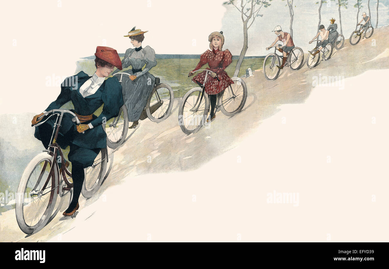 cycling tour, emancipated women, c. 1900, Stock Photo