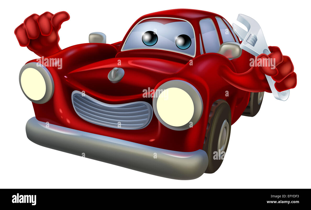Cartoon car  auto repair garage mechanic character holding a wrench and giving a thumbs up gesture Stock Photo