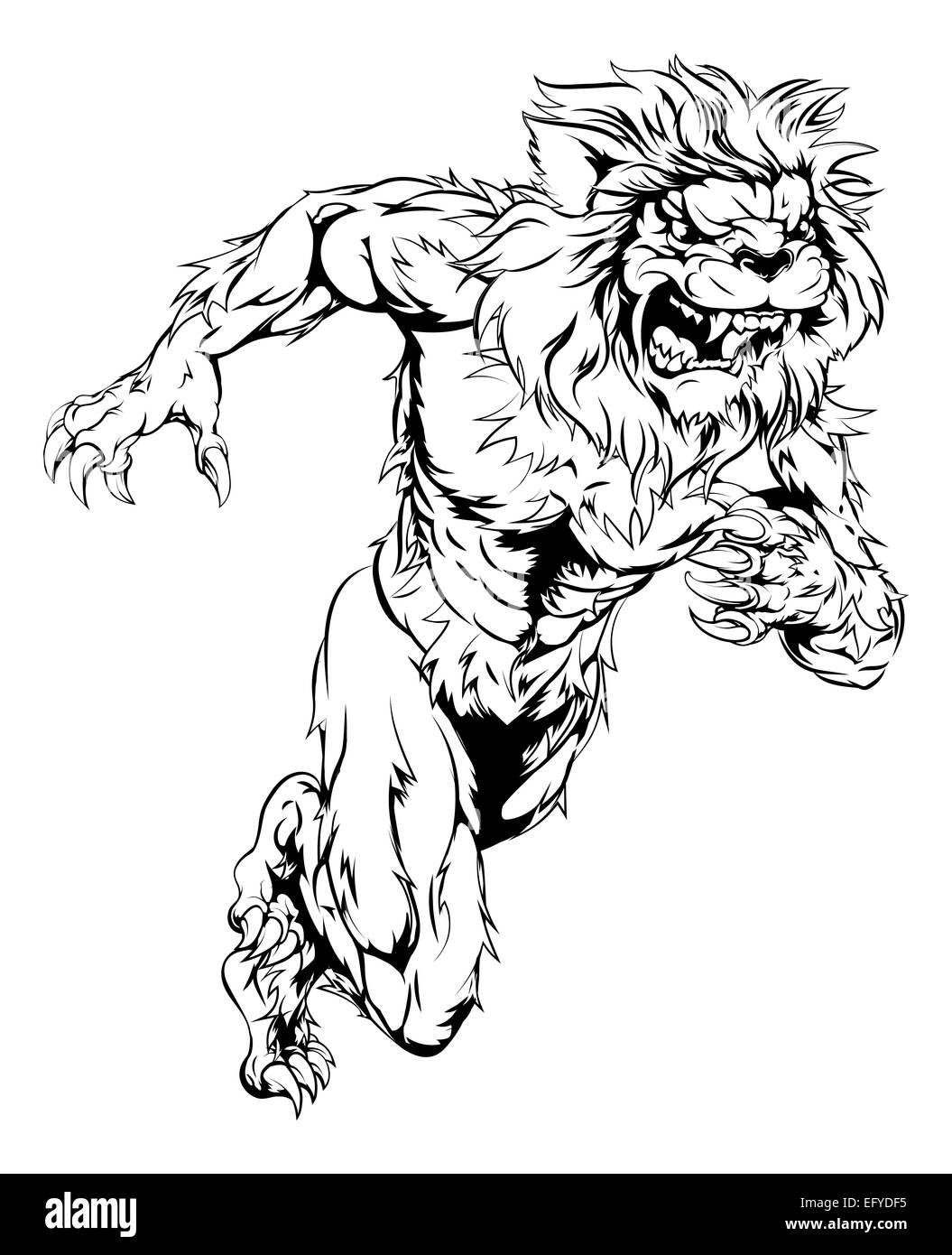A lion man character or sports mascot charging, sprinting or running Stock Photo