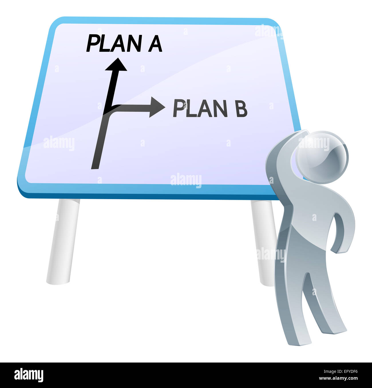 A man looking up at a direction road sign with the words plan a and plan b on it Stock Photo