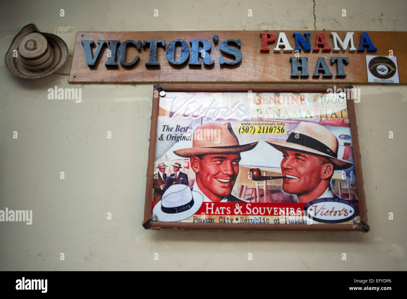 Victor´s Panama Shop. Hut shop. A Panama hat is a traditional brimmed straw hat which is actually made in Ecuador,  not Panama. Stock Photo