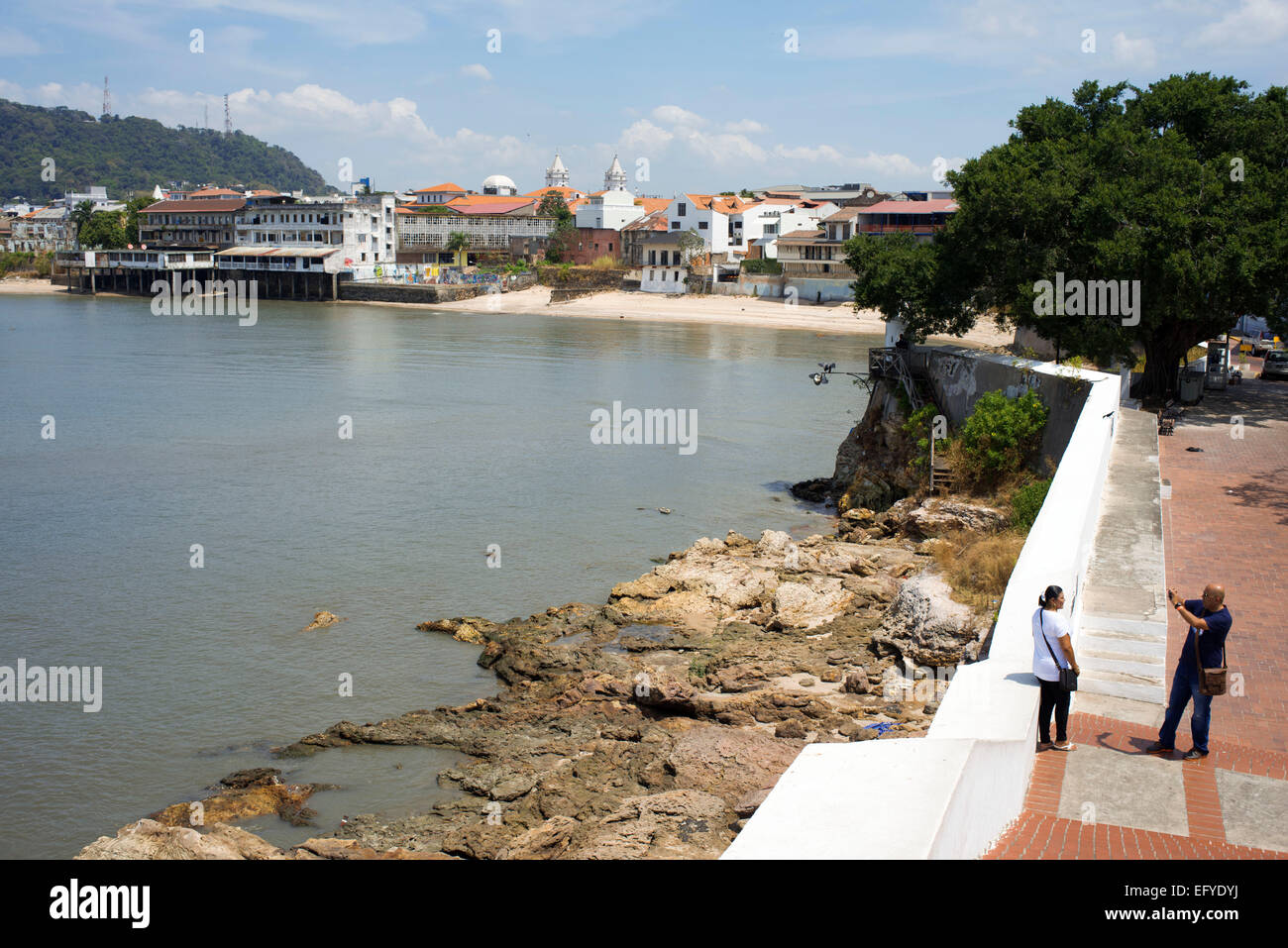 Small beach in front of the Old City, Casco Viejo, with the towers of the Cathedral, Panama City, Panama, Central America. Panam Stock Photo