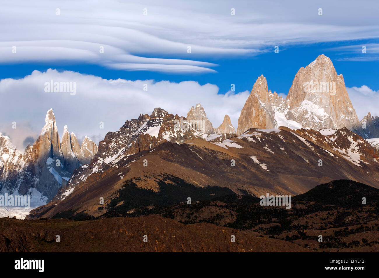 Cerro Torre and Fitz Roy mountain massif. Los Glaciares National Park. Patagonia. Argentina Stock Photo