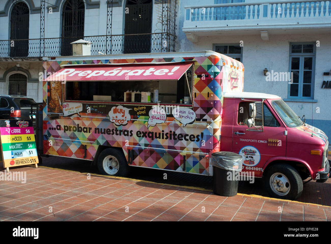 Pink food track. Fast food car. Panama Viejo historic town listed as World Heritage by UNESCO, Casco Antiguo, Barrio San Felipe, Stock Photo
