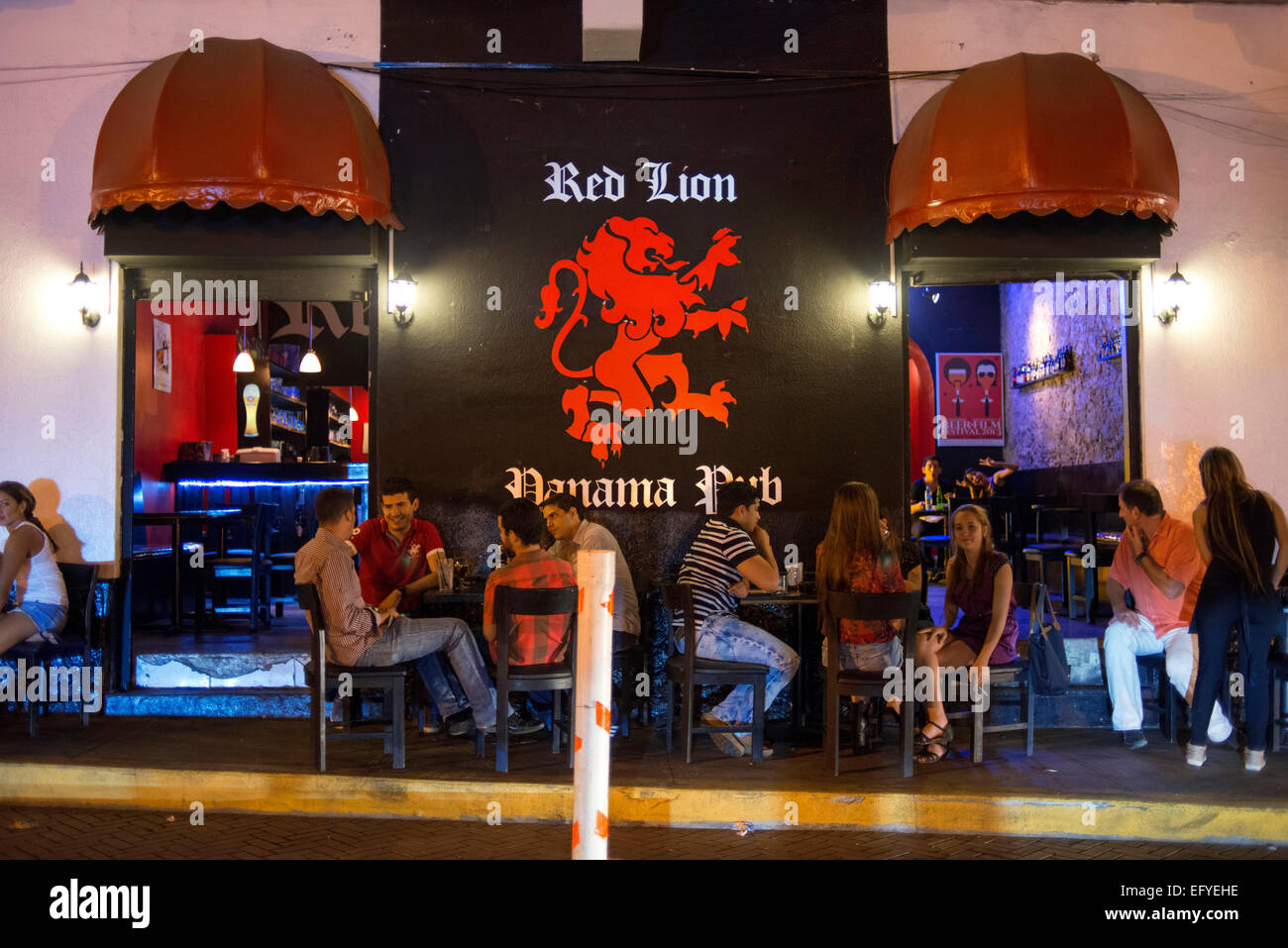Panama Red Lion Pub entrance. Old Panama city. It is a GastroPub national and international brands, where you can taste delicious dishes, live music, an outdoor environment with the best care for beautiful girls. Stock Photo