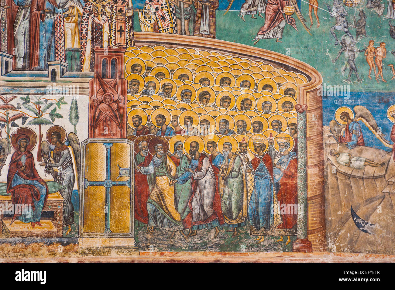 Christian wall painting, Voronet Monastery, UNESCO World Heritage Site, Bucovina, Romania Stock Photo