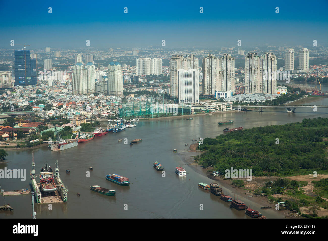 Aerial view of Saigon River with the city center, Ho Chi Minh City, Vietnam Stock Photo