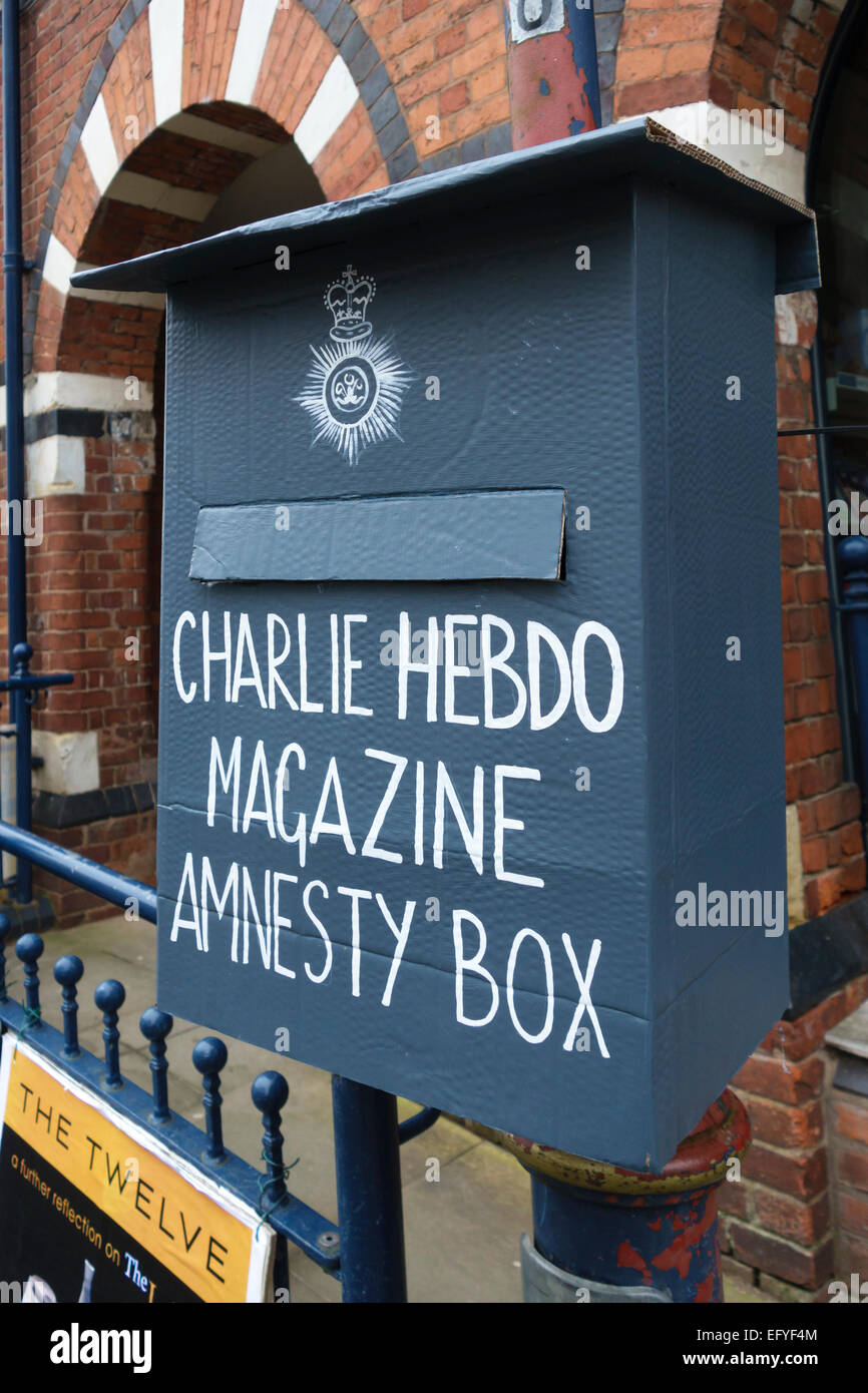 A fake police amnesty box for copies of Charlie Hebdo magazine, put up after a police visit to the local newsagents Stock Photo