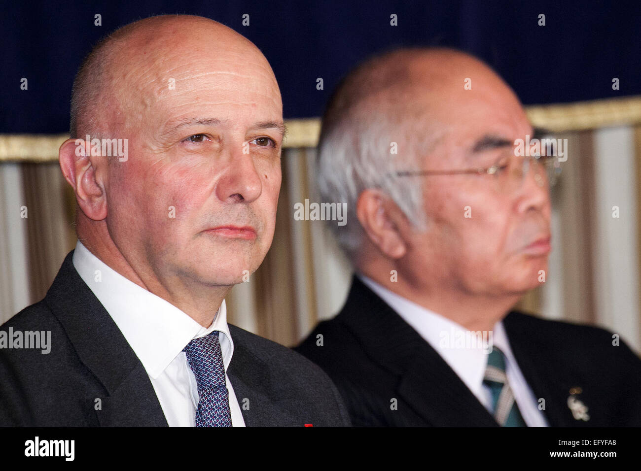 (L to R) Jean-Louis Bancel, Akira Banzai, February 12, 2015, Tokyo, Japan : (L to R) Jean-Louis Bancel member of the board of the ICA and Akira Banzai President of the Central Union of Agricultural Co-operatives (JA Zenchu) attend a press conference at the Foreign Correspondents' Club of Japan. Banzai spoke about the organization's position after accept the Japanese Government's farm cooperative structure reform on Monday. Dame Pauline Green President of the International Co-operative Alliance and Bancel visited Japan to discuss Japan's agricultural reforms which will be crucial for the Trans- Stock Photo