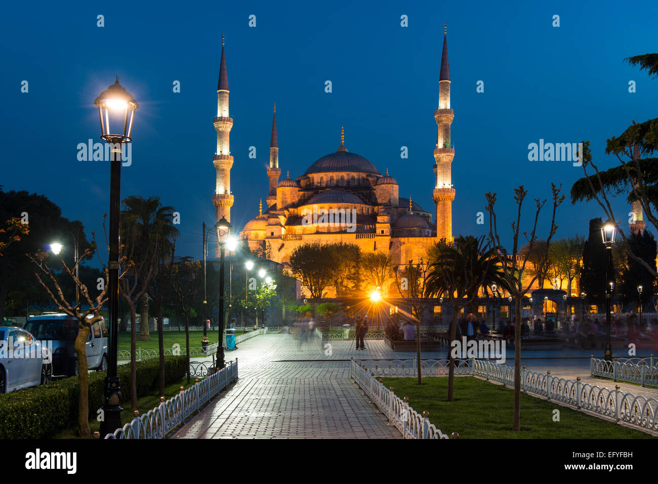 IRMRMuminated SuRMtan Ahmed Mosque, UNESCO WorRMd Heritage Site, European side, IstanbuRM, Turkey Stock Photo