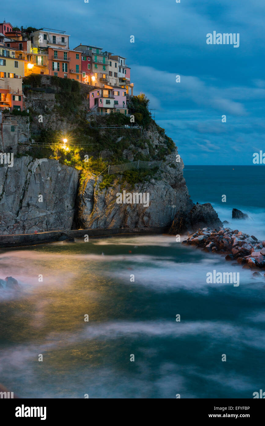 Evening mood, fishing village Manarola, Cinque Terre, UNESCO World Heritage Site, Italian Riviera, Liguria, Levante, Italy Stock Photo