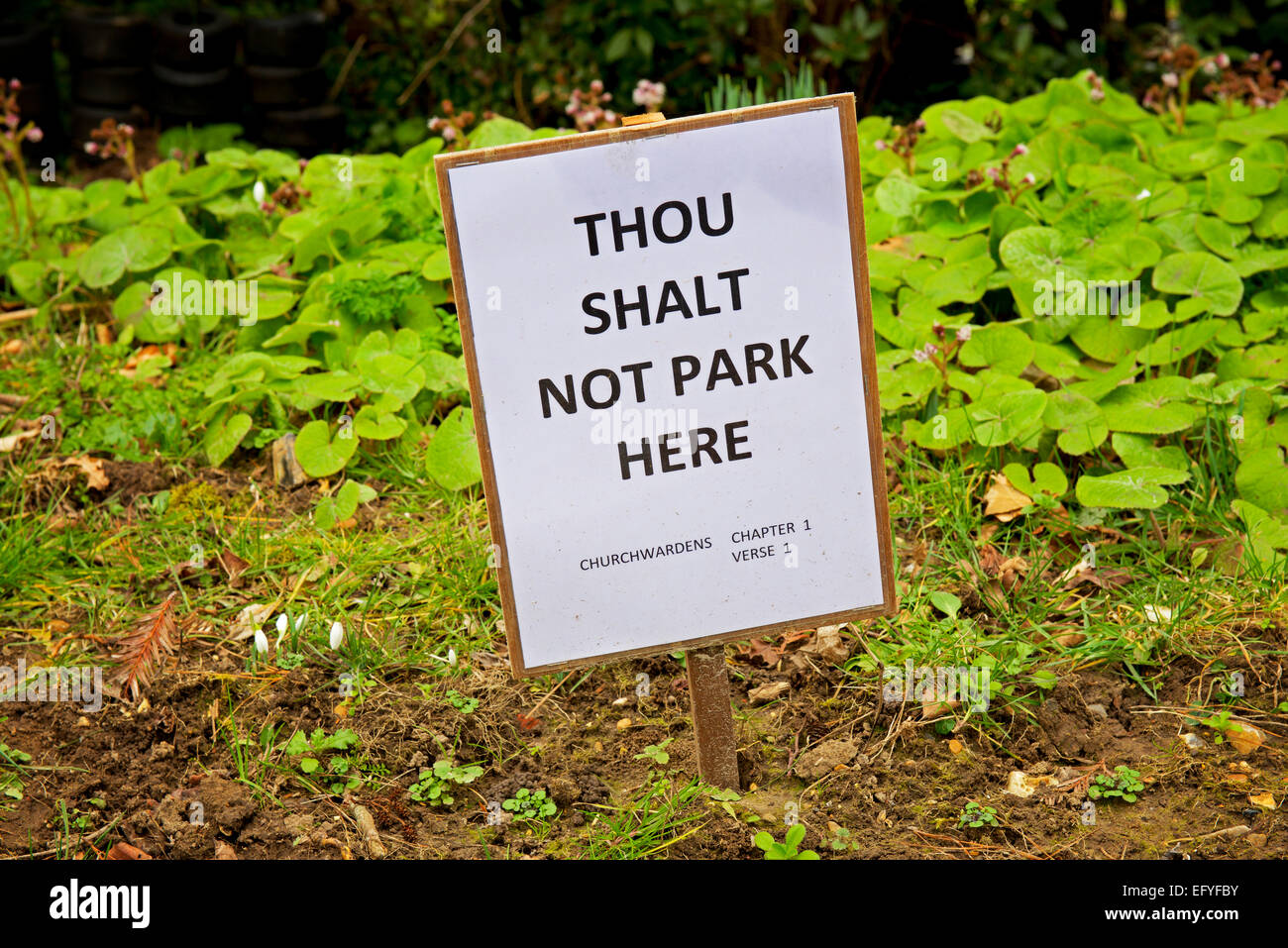 Sign in church car park: Thou shalt not park here Stock Photo