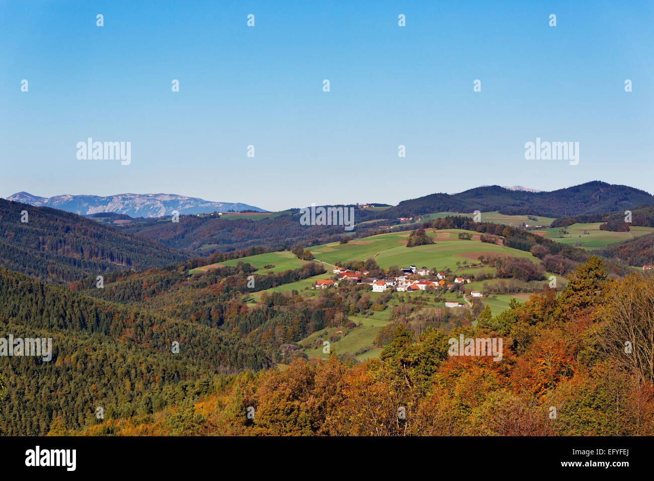 Village of Spratzeck, Bucklige Welt region, Lower Austria, as seen from Landsee, Burgenland, Austria Stock Photo