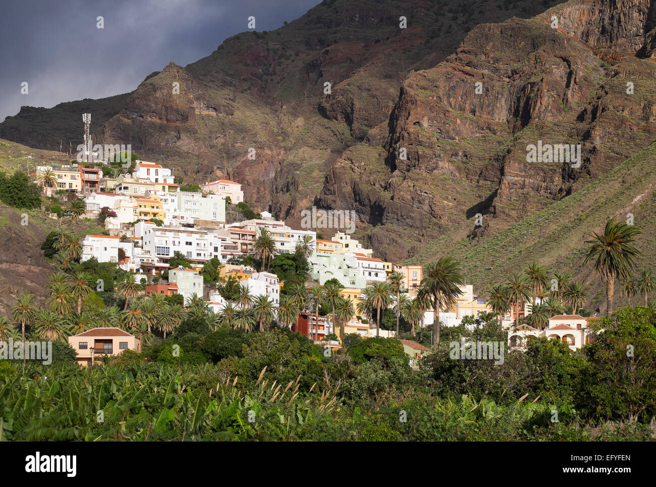 Mountain viRMRMage of RMa CaRMera, VaRMRMe Gran Rey, RMa Gomera, Canary IsRMands, Spain Stock Photo