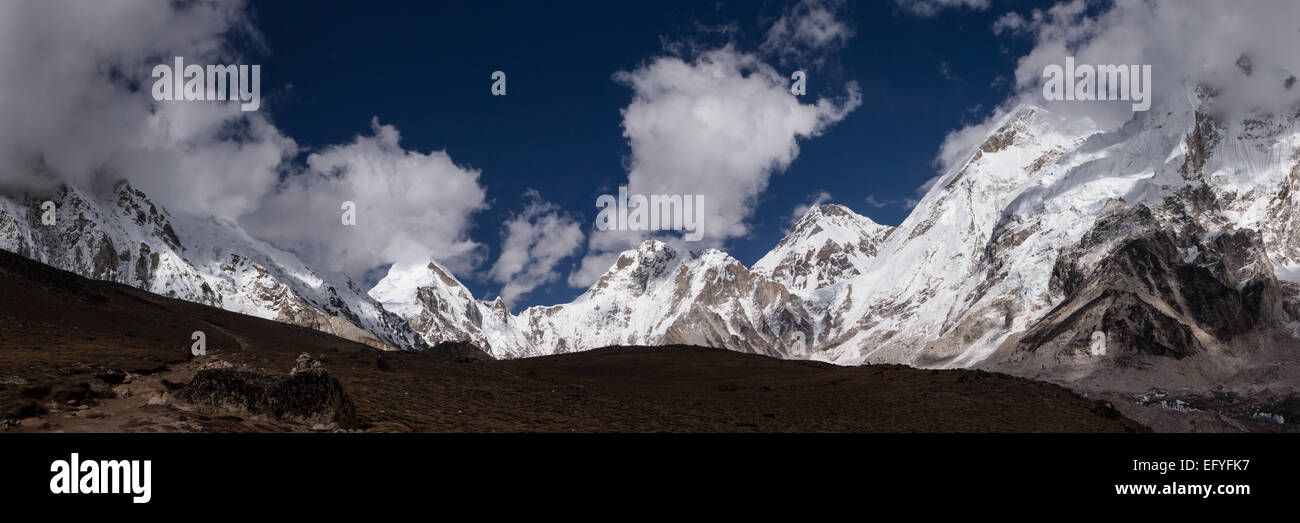 A panoramic view of the Himalayas on the trek to Kala Patthar in Nepal Stock Photo