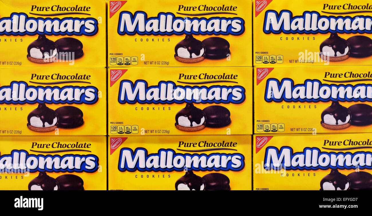 Boxes of Nabisco Mallomars chocolate marshmallow cookies for sale at Fairway supermarket in