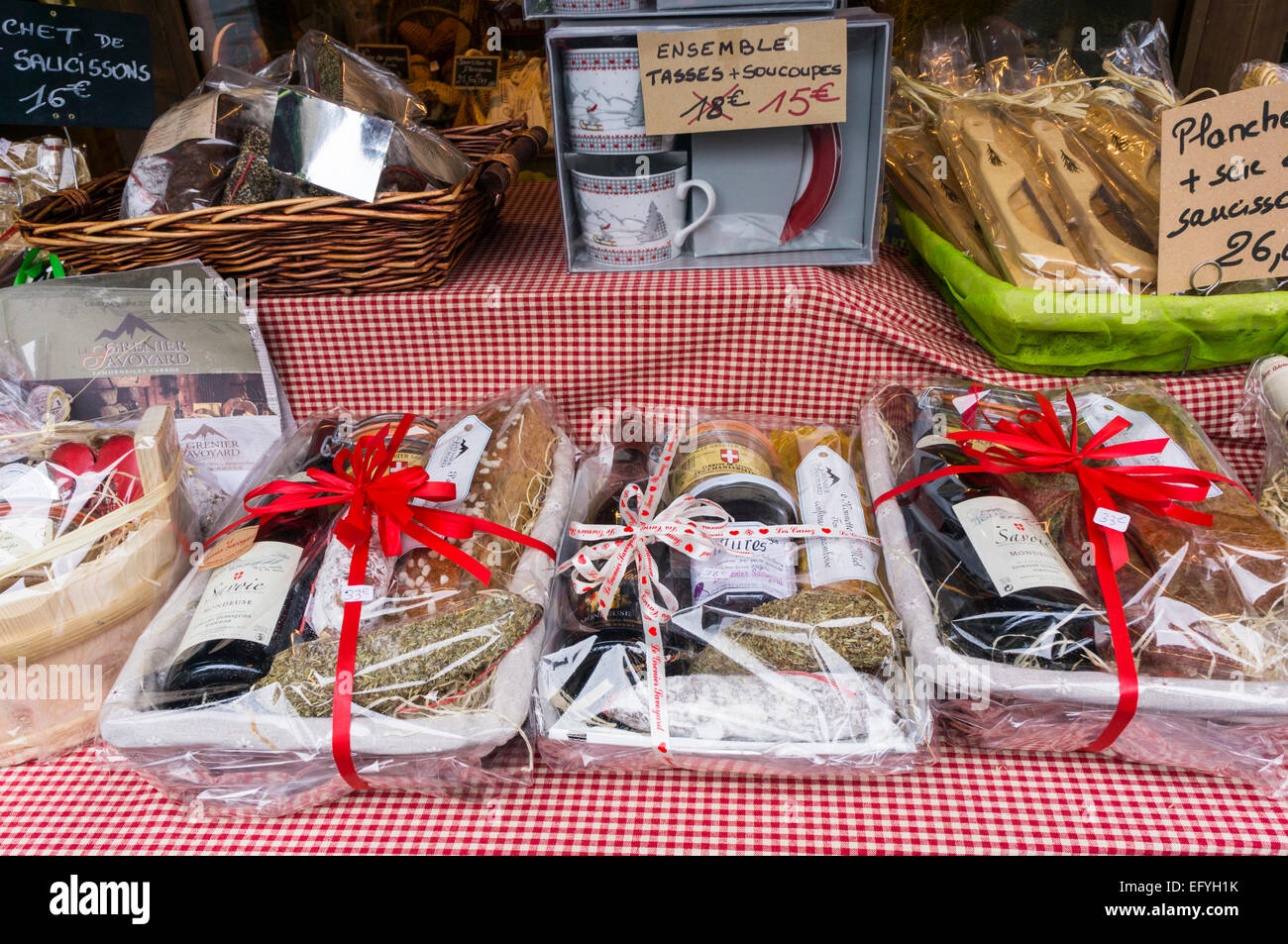 French Savoie food gifts on display in a shop in Samoens village, French Alps, France, Europe Stock Photo