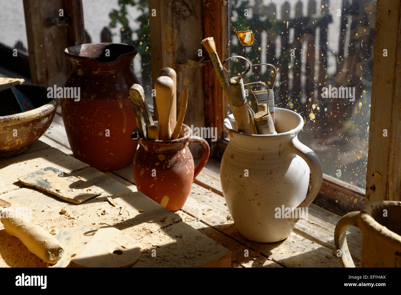Tools in a potterySkansen open-air museum, Djugarden, Stockholm, Sweden Stock Photo