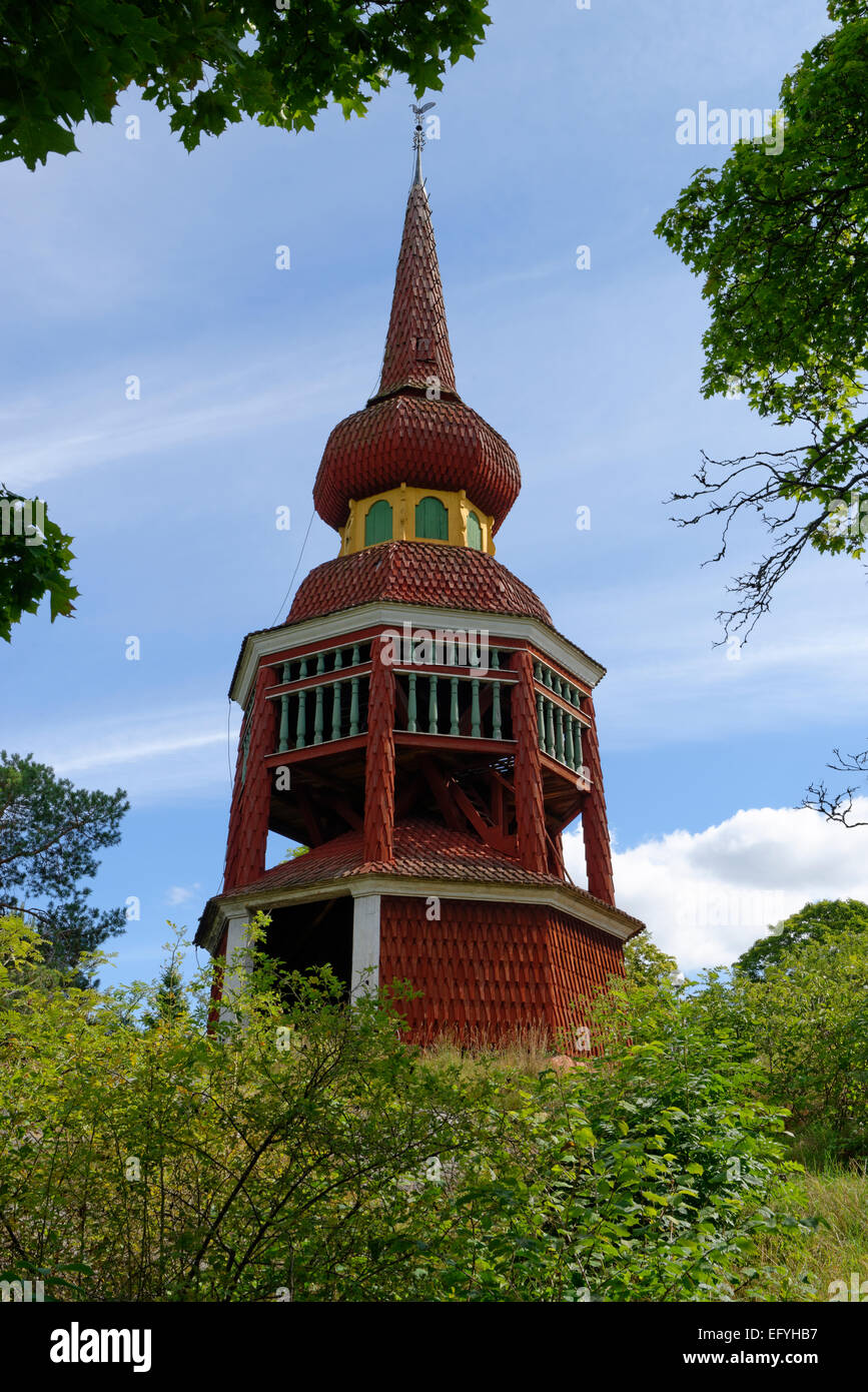 Hasjö Belfry, wooden watchtower, Skansen open-air museum, Djugarden, Stockholm, Sweden Stock Photo