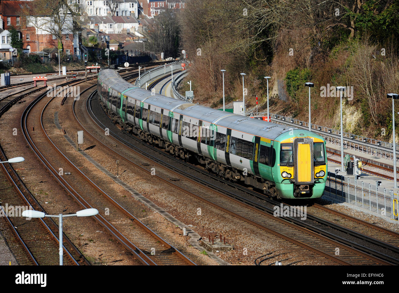 Southern Rail train approaching Brighton Station UK on the London to Brighton commuter line