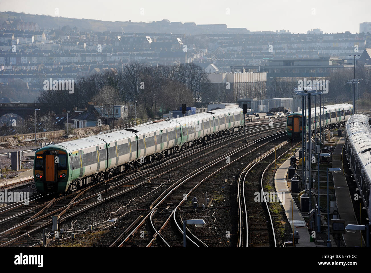 Southern Rail train approaching Brighton Station UK on the London to Brighton line Stock Photo
