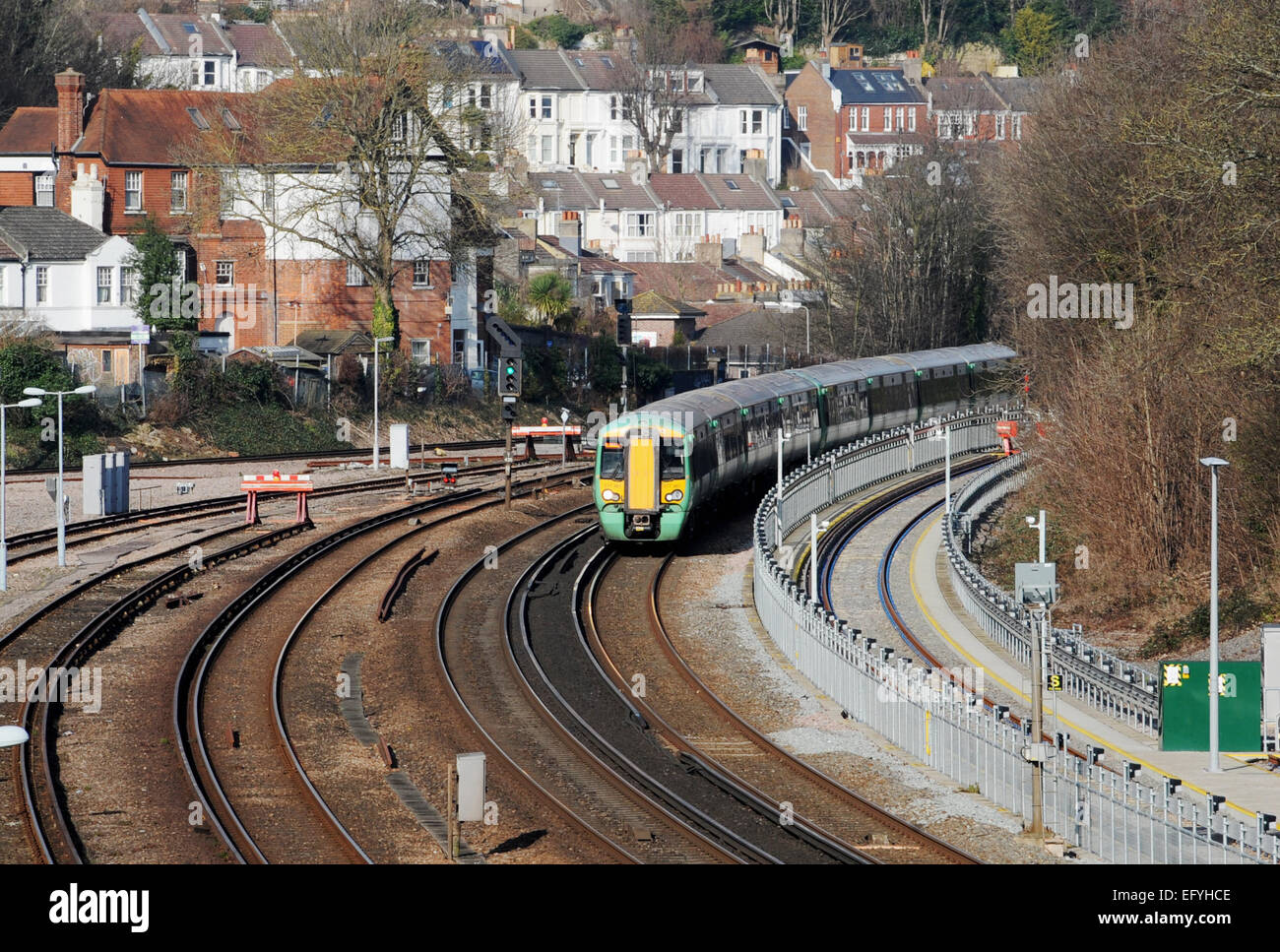 Southern Rail train approaching Brighton Station UK on the London to ...