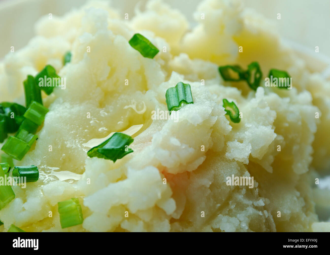 Champ Irish dish.mashed potatoes and chopped spring onions with butter and milk Stock Photo