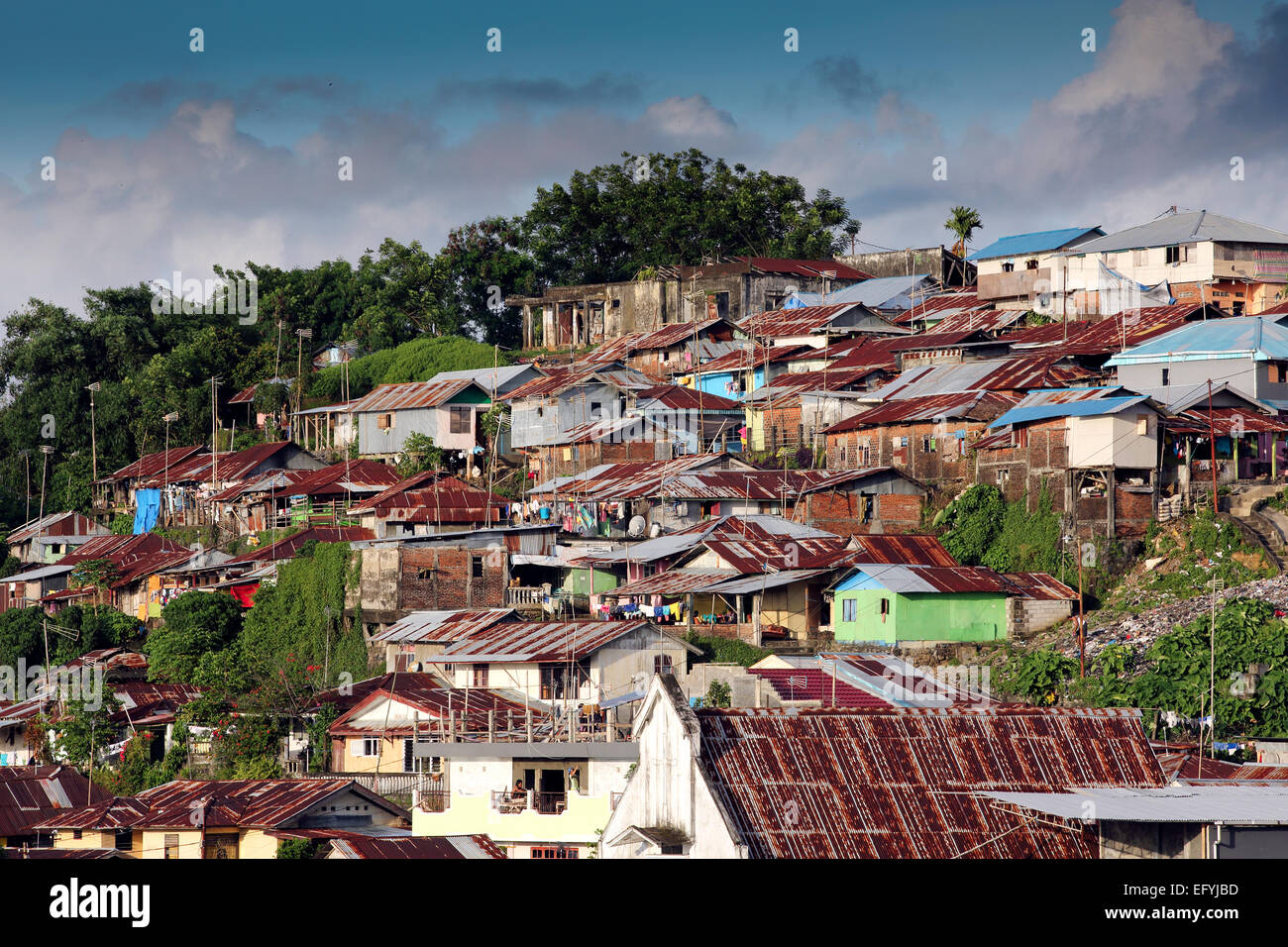 Poor neighborhood with basic housing in Manado city, Sulawesi Stock Photo