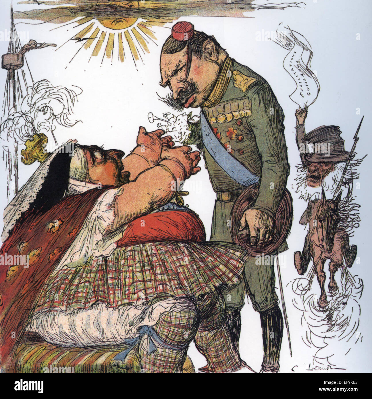 BOER WAR Cartoon on the cover of French satirical magazine Le Rire on 2 December 1899. Kaiser Wilhelm slyly meets  his enthusiastic grandmother Queen Victoria while Paul Kruger waves the telegram the Kaiser sent congratulating him  on thwarting the Jameson Raid in 1896 Stock Photo