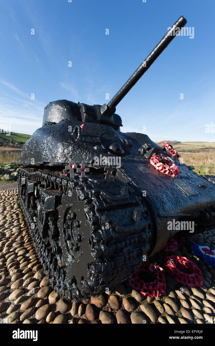 The Exercise Tiger memorial US Sherman Tank at Torcross carpark, by Slapton Sands. Stock Photo