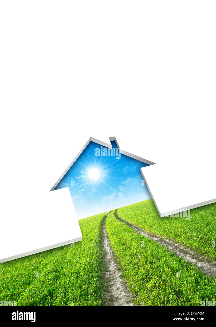 Eco house concept. Cutting of a blank sheet, house shaped above a green field background Stock Photo