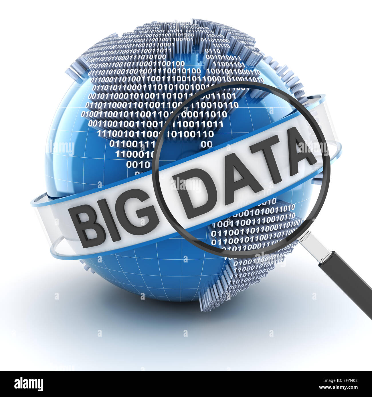 Big data with digital globe and magnifying glass, 3d render Stock Photo