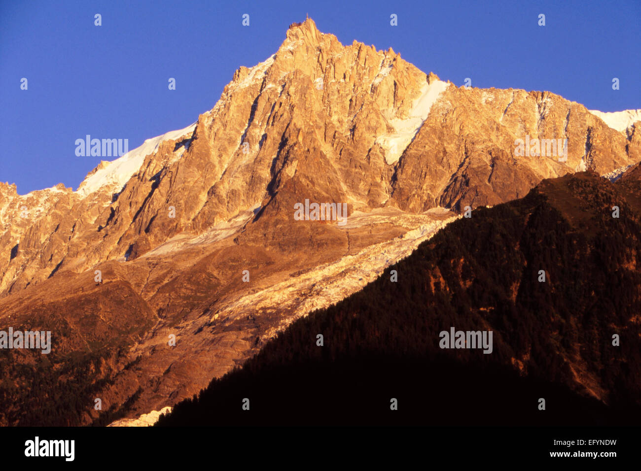Aiguille du Midi in summer time with glacier Rond in sunset glow Stock ...