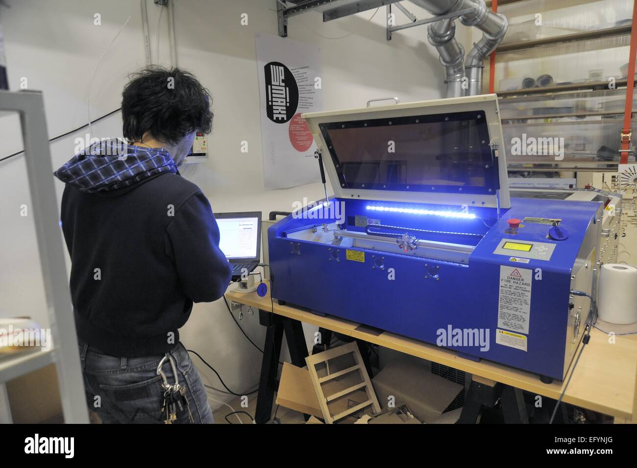 Italy, Milan FabLab (fabrication laboratory), 'WeMake', laser cutter Stock Photo