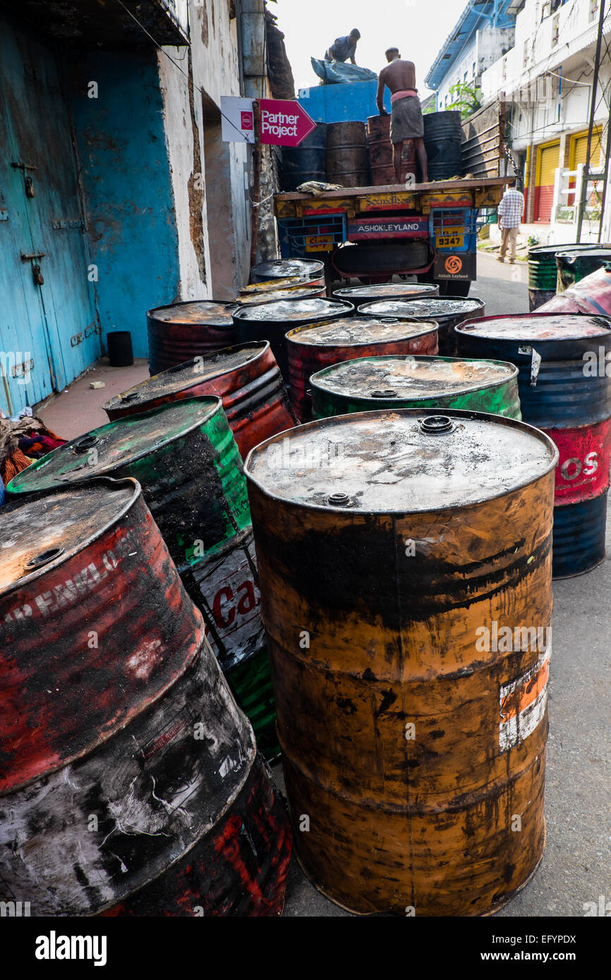 Oil price slump - empty barrels of oil Stock Photo
