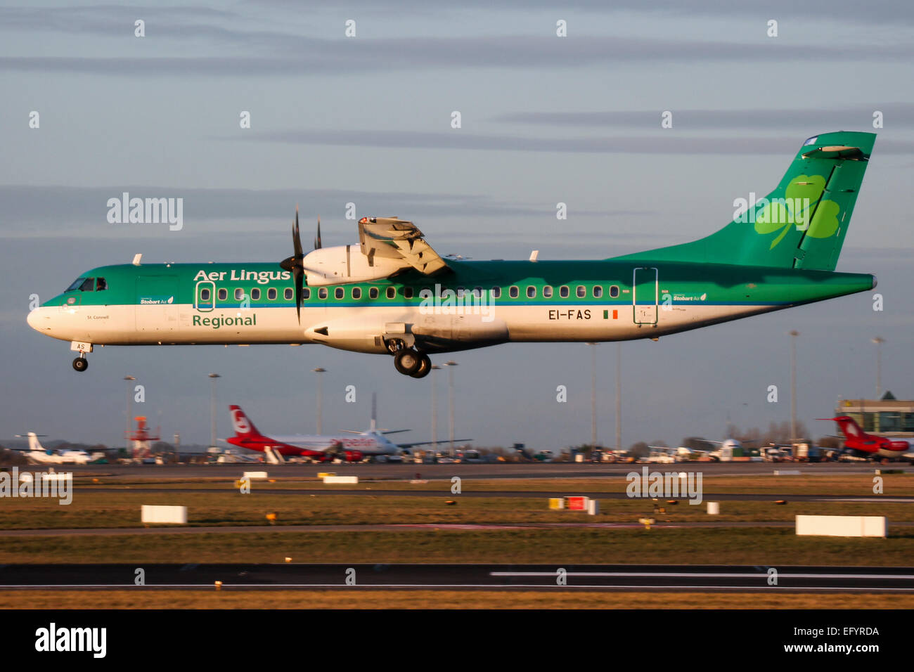 Stobart Air (Aer Lingus) Aerospatiale ATR72 approaches runway 28 at Dublin airport. Stock Photo